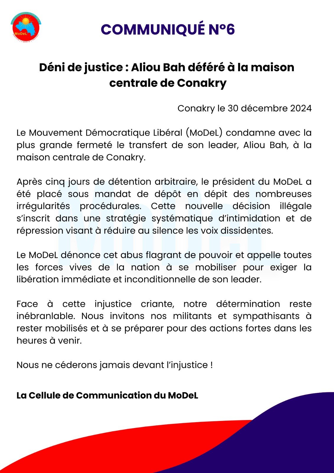 Communiqué du MoDeL suite au déferrement de son leader Aliou Bah