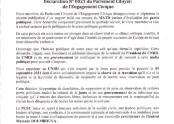 COMMUNIQUÉ N° 0021 du Parlement Citoyen de l’Engagement Civique