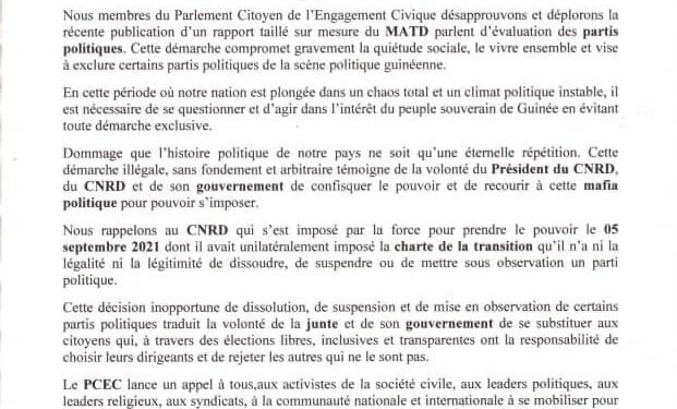 COMMUNIQUÉ N° 0021 du Parlement Citoyen de l’Engagement Civique